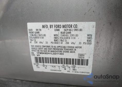 2020 Ford Explorer Xlt из США, поврежденный, VIN 1FMSK8DH1LGD11493